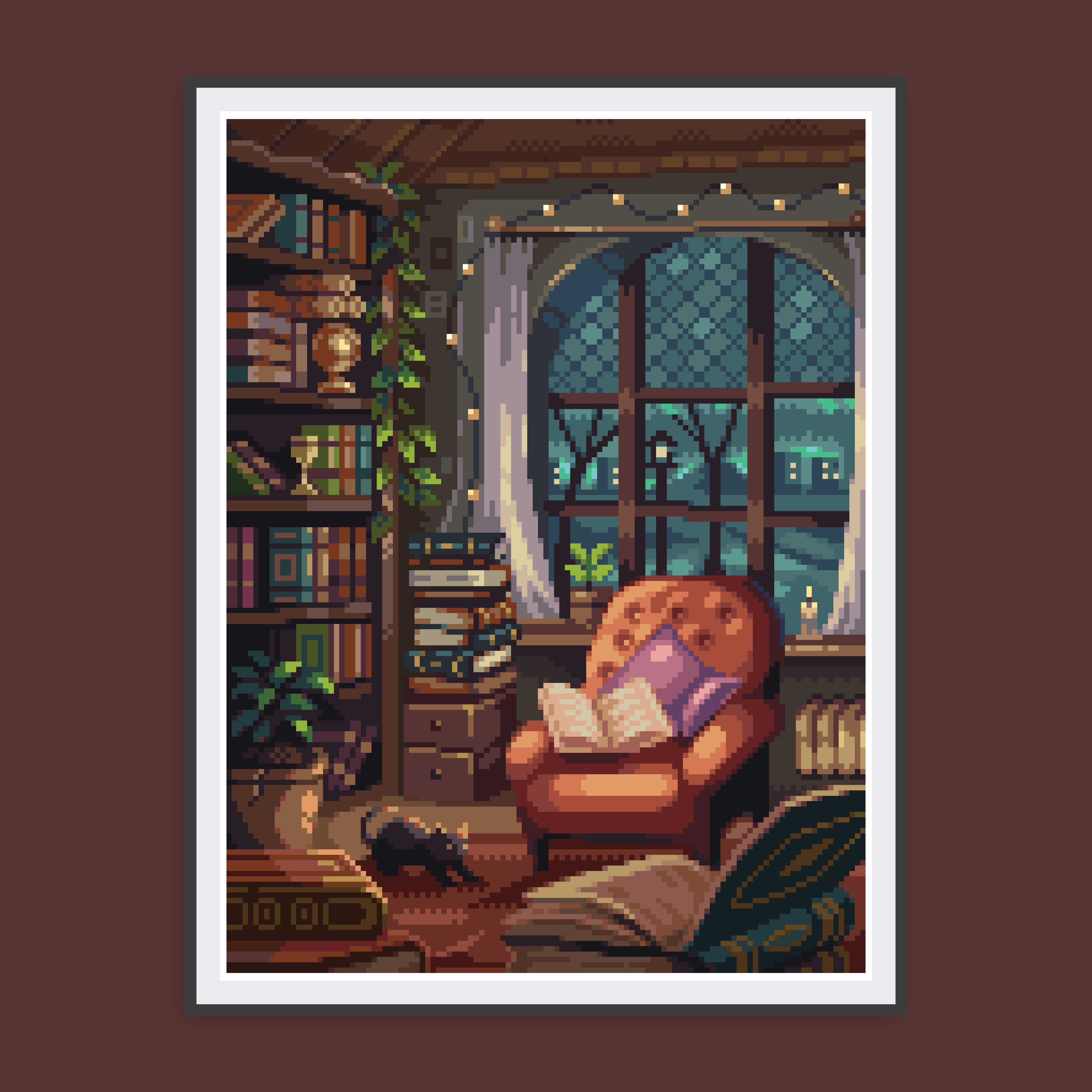 Cozy Library pixyls sticker by number canvas, finished and framed