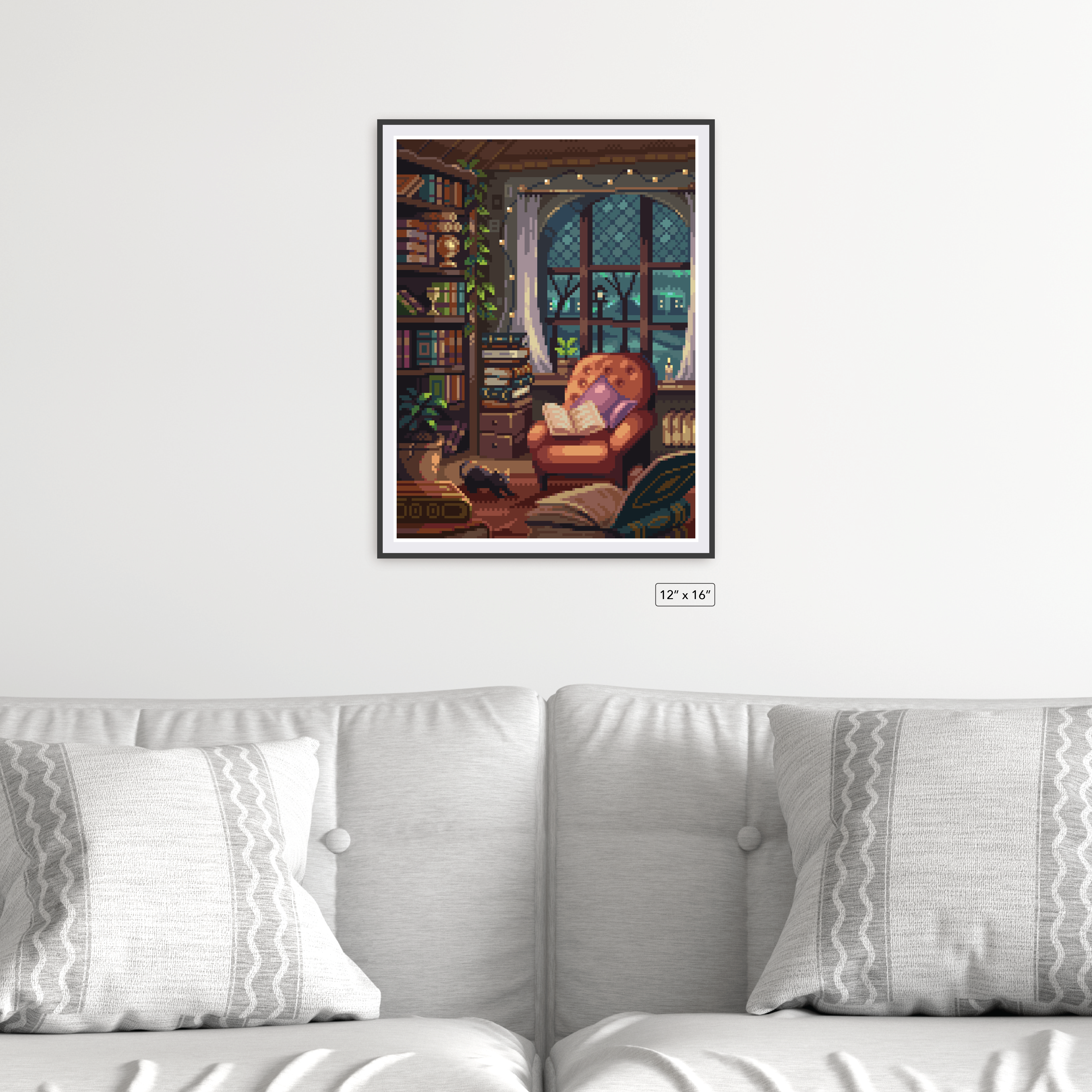 Cozy Library pixyls canvas framed on a wall, 12 by 16 inches