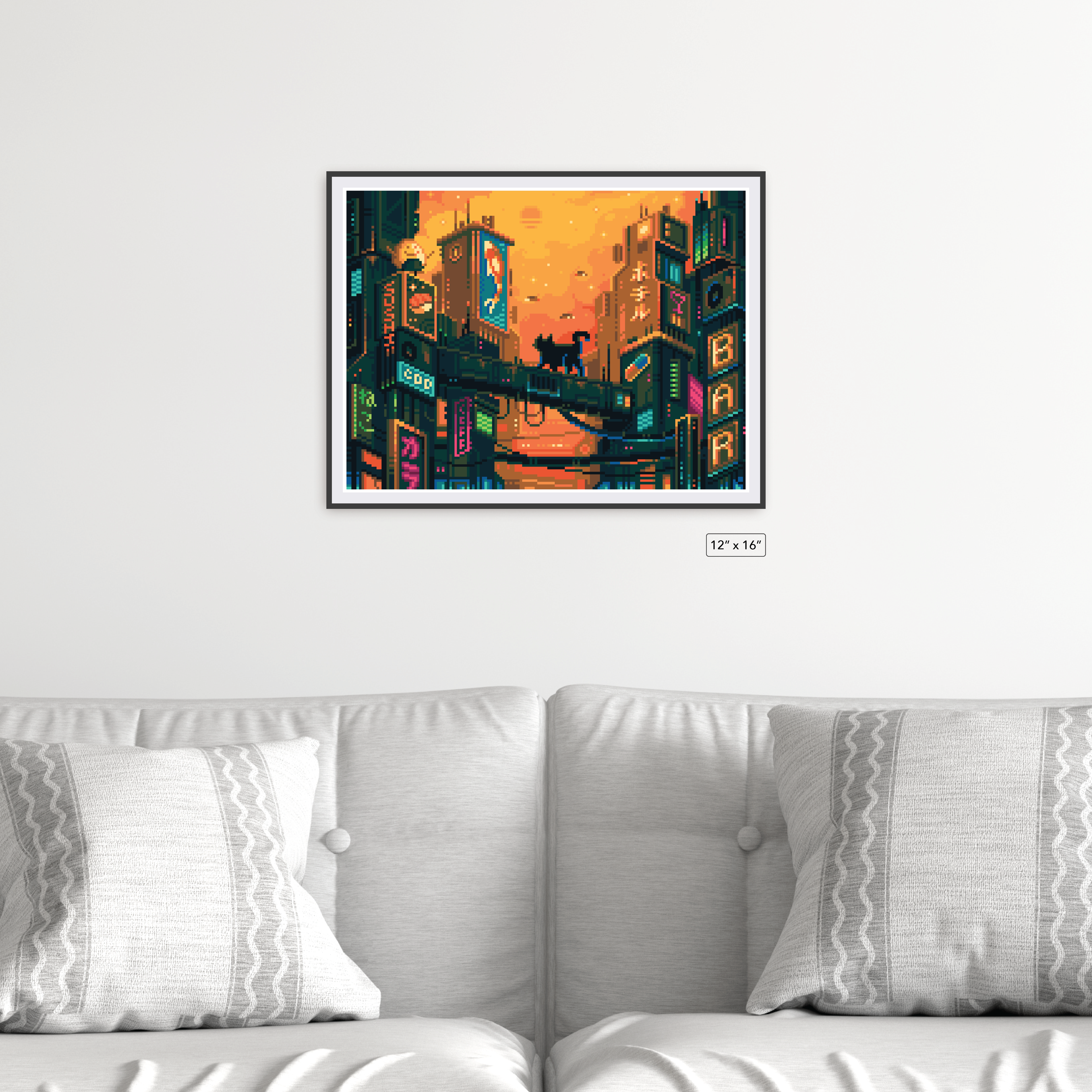 Futuristic Cityscape pixyls canvas framed on a wall, 12 by 16 inches